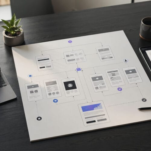 Claude Code vs WordPress - Moderner Arbeitsplatz mit Code-Ansicht, Website-Struktur und strategischem Website-Plan als Symbol dafür, dass erfolgreiche Websites nicht vom Tool, sondern von Konzept und Umsetzung abhängen.