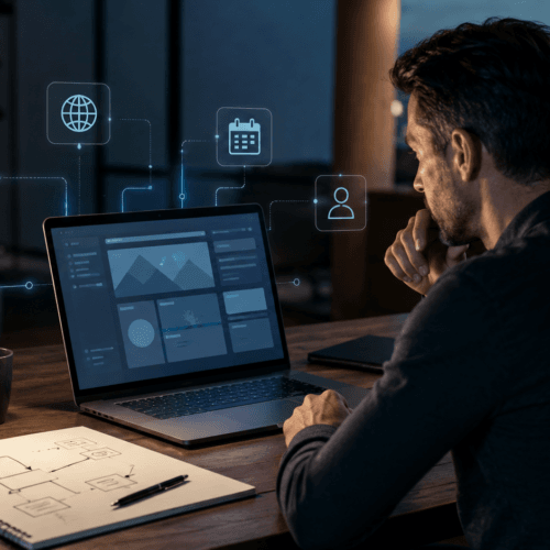Unternehmer plant an einem Laptop eine WordPress-Website mit Webshop, Mehrsprachigkeit, Buchungssystem und weiteren Sonderfunktionen.