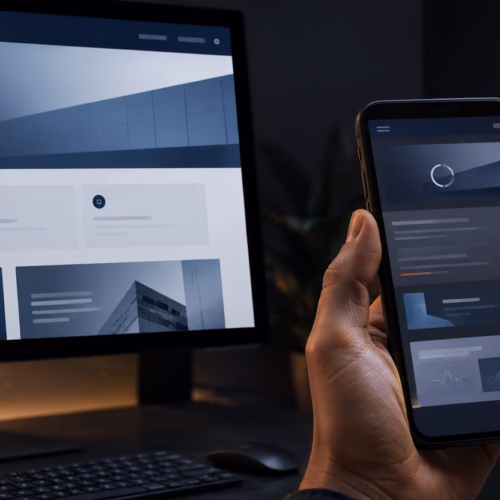 Desktop-Monitor und Smartphone zeigen dieselbe Website, wobei die mobile Ansicht Lade-, Sicherheits- und Performance-Probleme andeutet, während eine Hand kurz vor dem Tippen innehält.