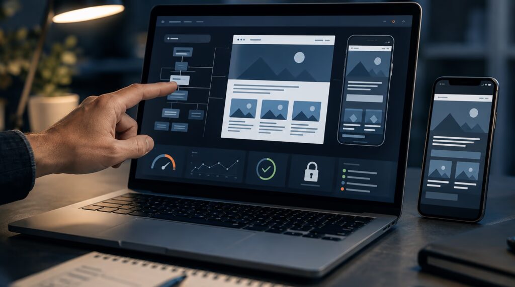 Mann mit Finger am Laptop - Skizze für Webseitenentwürfe und Optimierung