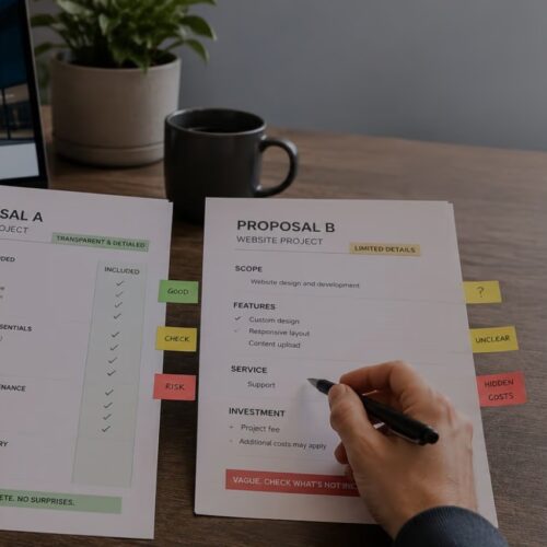 Zwei WordPress-Website-Angebote werden auf einem Schreibtisch verglichen, mit Checkliste, Markierungen und Hinweisen auf unklare Leistungen und mögliche Zusatzkosten.