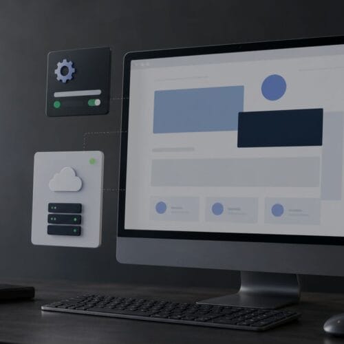 Moderner Arbeitsplatz mit großem Monitor und schwebenden digitalen UI-Elementen für Website-Wartung, Updates, Sicherheit, Hosting und Support.