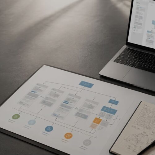 Arbeitsplatz mit Laptop, Website-Strukturplan und Skizzen als Symbol für die strategische Planung einer WordPress-Website mit SEO-Fundament vor dem Design.